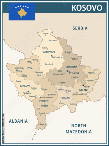 Kosovo Map Vector Vintage Dark Blue Beige - Customizable layered political map of Kosovo with administrative divisions for website, education, reports, news, politics, print, poster and wallpaper