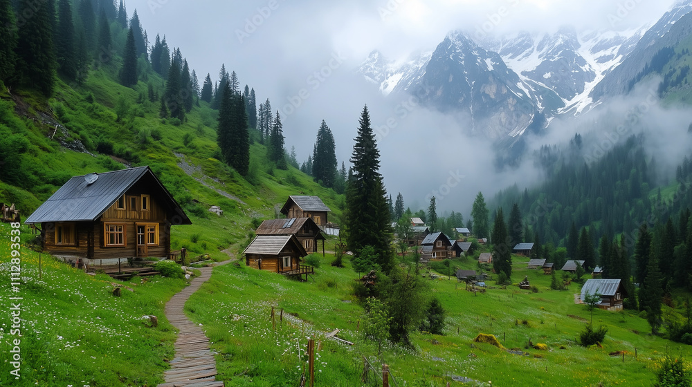 Quiet mountain village with snow-covered peaks and misty air, Swiss alpine village. Quiet mountain village with snow-covered peaks and misty air, Swiss alpine village.