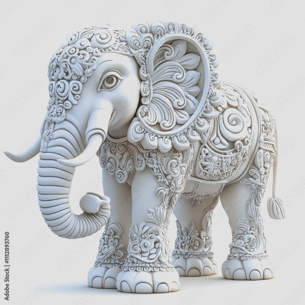 Obraz premium Intricate White Elephant Sculpture with Floral Designs and Ornate Patterns Perfect for Home Decor and Art Enthusiasts