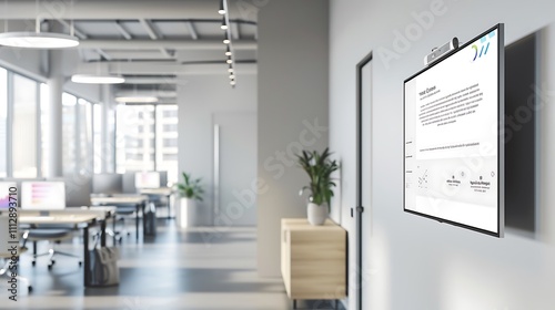 A professional office setting with a banner template displayed on a wall-mounted digital screen