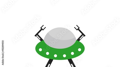 UFO flying saucer landing motion video. video animation with alien spaceship on white background.