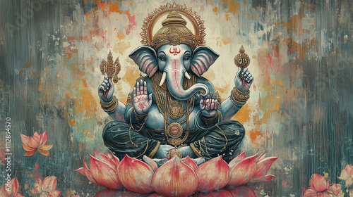 A radiant image of Lord Ganesha, with vibrant ornaments, seated on a lotus while holding his iconic attributes and radiating wisdom