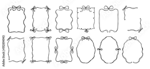 Bow frame. Vintage hand drawn ribbon border. Trendy doodles elegant ribbons and bows for wedding, birthday invitations party. Wavy, quirky decorative shape. Vector set