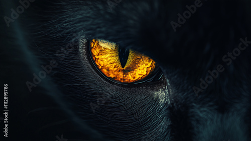 closeup of a black cat's yellow eye