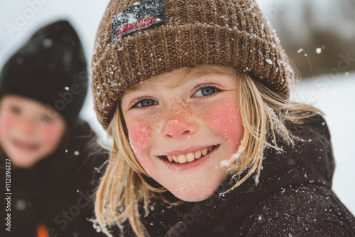 A young girl with blonde hair and rosy cheeks is smiling and wearing a brown hat photo