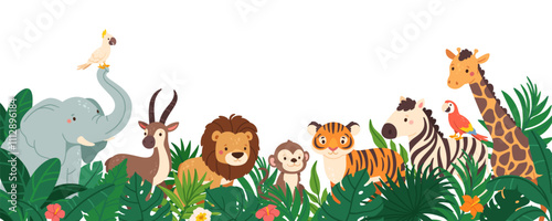 Jungle animals. Background with cartoon African mammals in tropical plants. Wild animal banner. Lion, elephant, zebra, tiger in leaves, bushes. Vector illustration