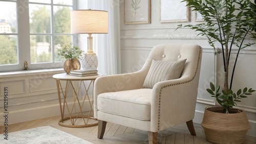 A stylish yet serene lounge space with neutralcolored furnishings including a soft armchair and a minimalist side table accentuated by a generous window that invites natural