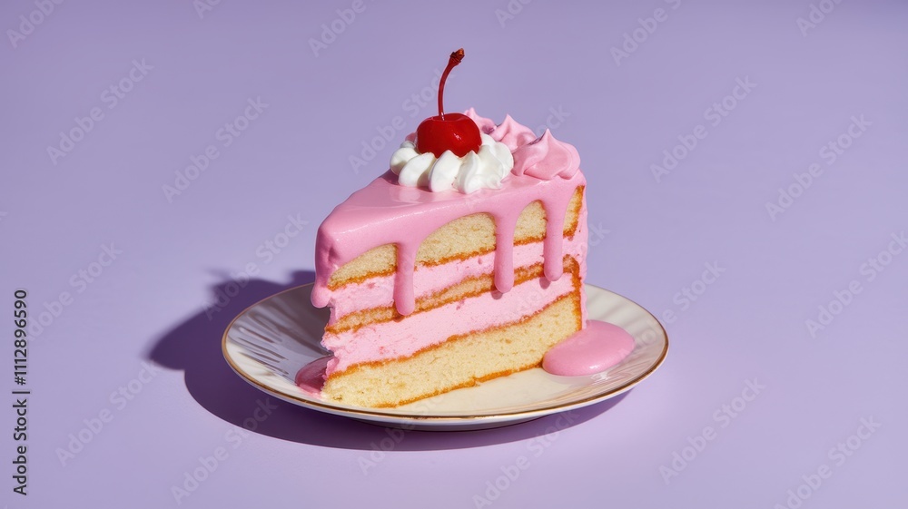 Pink and white cake with cherry and scalloped gold-rimmed plate, purple background Pink and white cake with cherry and scalloped gold-rimmed plate, purple background