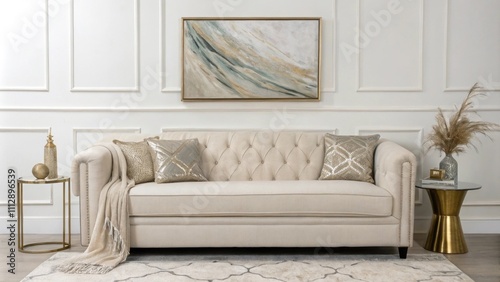 The minimalist room showcases a stylish couch with a modern silhouette a captivating abstract artwork as a focal point and subtle metallic accessories that provide a touch of