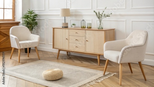 A clean airy layout showcases a lowprofile pale wood sideboard paired with light fabric armchairs and a simple textured rug that adds warmth to the wooden floor.