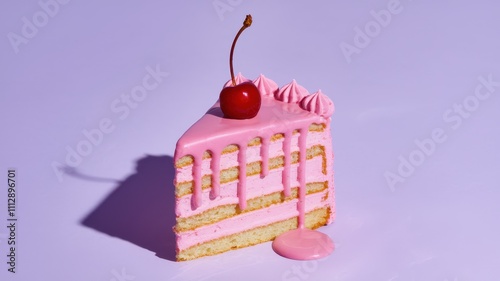 Pink cake with cherries on top against purple background, vibrant presentation