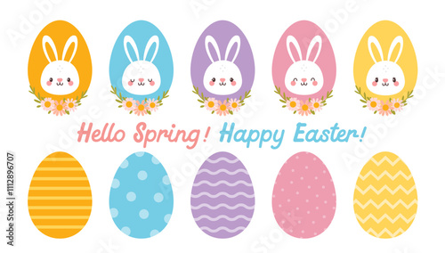 Happy Easter bunny and egg. Cartoon rabbits in egg shape frame. Cute bunnies characters in variety color with flowers for scrapbooking, holiday cards and decor. Vector set