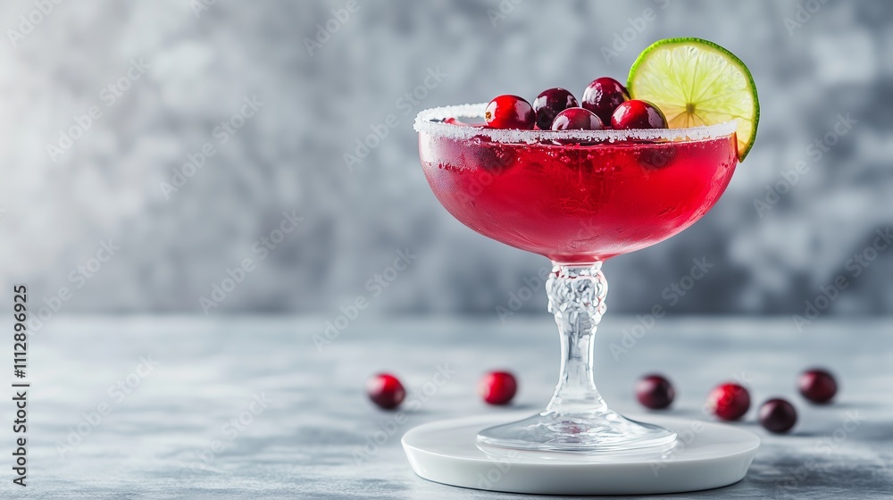 A vibrant cranberry margarita on a white stand, garnished with lime and cranberries, captivates the scene.