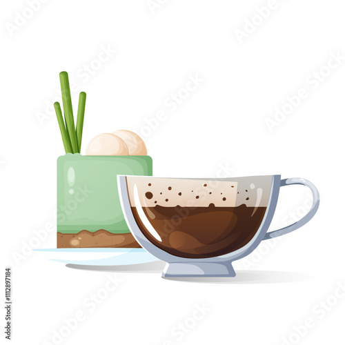 Vector illustration of coffee with a vegetarian dessert. Design of a glass cup with hot coffee. Design of a dessert on a white plate. Design of a drink and food