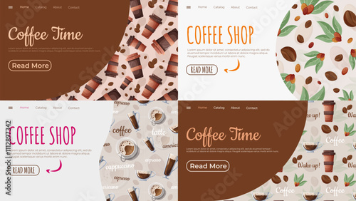 Vector illustration of the main screen of the site. Design of a ready-made template for the site. Design of a page on the topic of a coffee shop