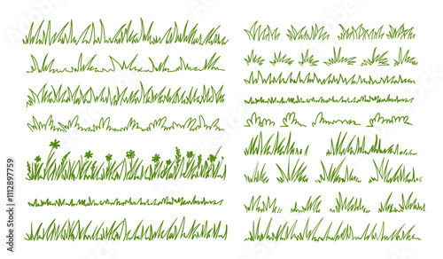 Sketch grass. Doodle grassy plants. Hand drawn outline silhouette wild herb field border. Springs garden lawn, flower grasses bush. Vector meadow pattern set