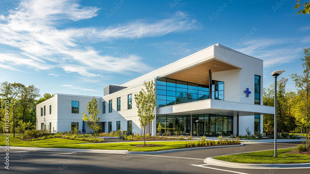 Modern Medical Clinic Building Exterior Healthcare Facility Sunny Day Modern Medical Clinic Building Exterior Healthcare Facility Sunny Day
