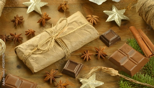 옛날 복고풍 포장지로 감싸인 초콜릿 바와 주변 소품들