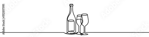 Bottle of wine and a glass are depicted in a continuous line drawing style. Vector illustration.