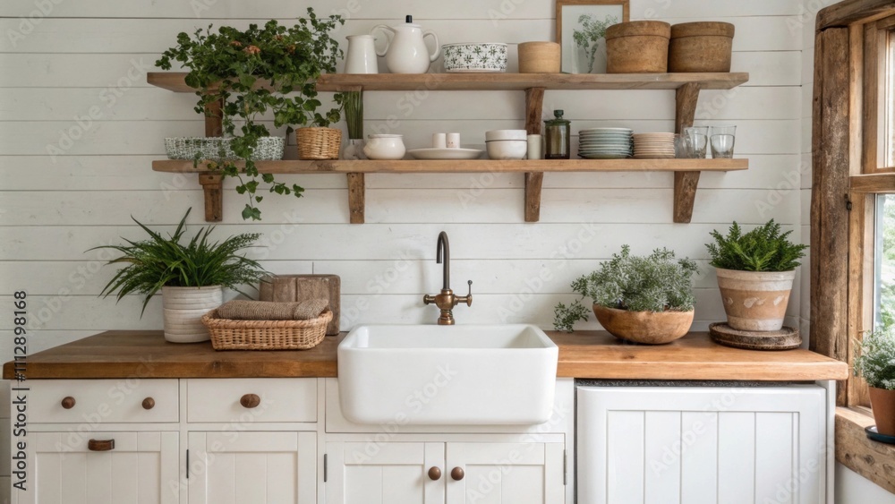 A rustic kitchen design showcasing a prominent ceramic sink flanked by handcrafted wooden shelves overflowing with lush plants and countrystyle kitchen items. A rustic kitchen design showcasing a prominent ceramic sink flanked by handcrafted wooden shelves overflowing with lush plants and countrystyle kitchen items.