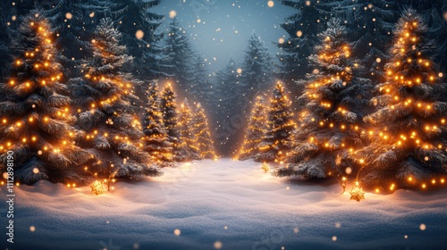 A serene winter landscape with glowing Christmas trees in a snowy setting.