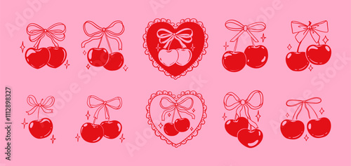 Cherry with bow. Retro coquette cherries with ribbon. Trendy red girly berry in decorative hearts. Romantic fruit decoration. Cherries for Valentines Day vector set