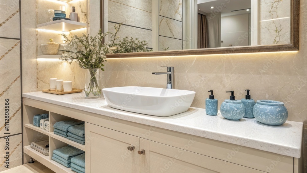An elegant bathroom showcasing a minimalist design with a glossy white countertop sink. The surroundings are adorned with a soothing beige color scheme complemented by An elegant bathroom showcasing a minimalist design with a glossy white countertop sink. The surroundings are adorned with a soothing beige color scheme complemented by