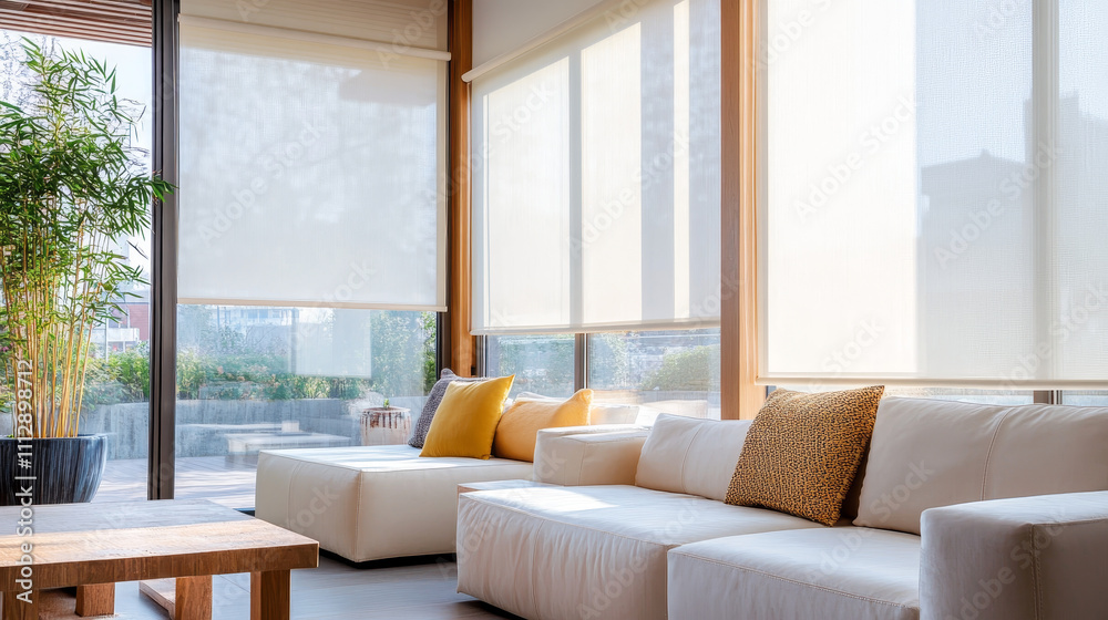 Fototapeta premium The furniture is minimalistic yet comfortable, with a mix of neutral tones such as beige, gray, and soft textures that complement the natural light filtering through the window.