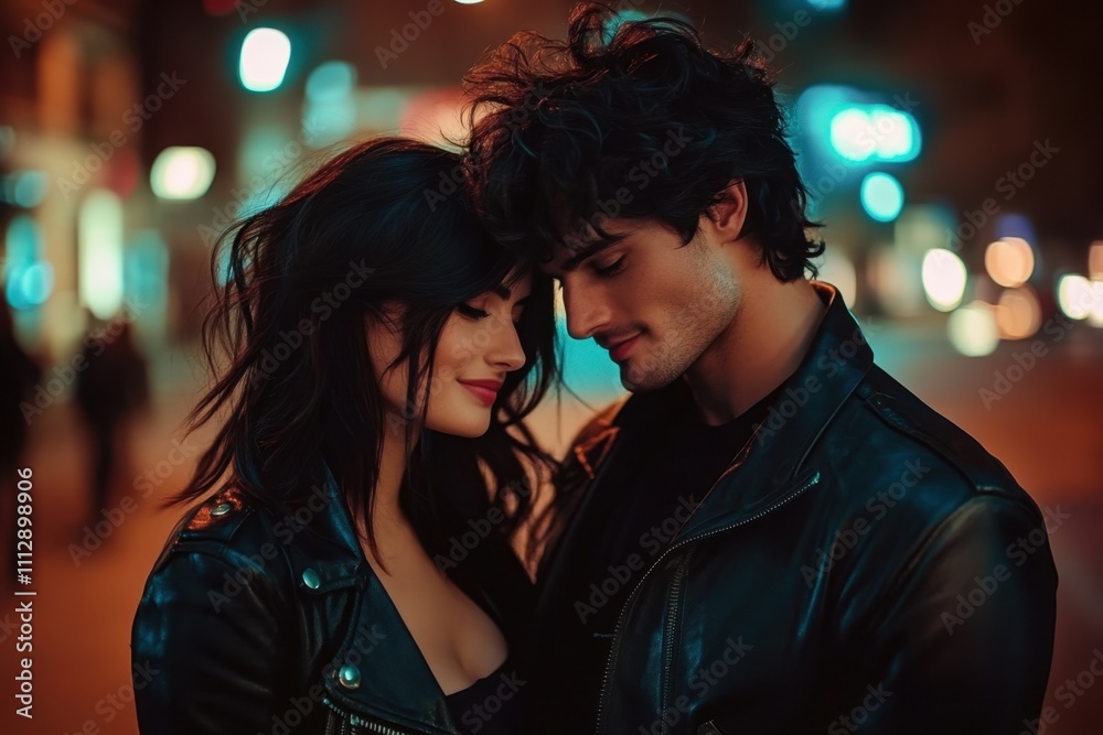 Young couple in leather jackets sharing a secret moment on a city street at night under soft street lights
Young couple in leather jackets sharing a secret moment on a city street at night under soft street lights