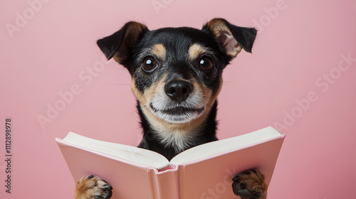 Cute Dog Reading Book  Pink Background  Pet  Puppy  Canine  Literature  Education  Knowled photo