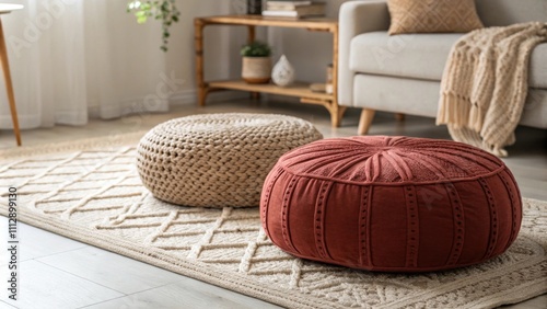 The rich color of the cushion contrasts with the neutral tones of the soft area rug while an intricately designed woven ottoman adds an artisanal touch to the space. photo