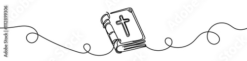 One continuous line illustration of a Bible, isolated on white background. Line art of Bible
