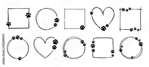 Pet frame. Cat, dog paw frames. Doodle animal footprint border. Hand drawn circle, heart, square, round shapes with walking paws. Empty bubble for animal lovers. Vector set