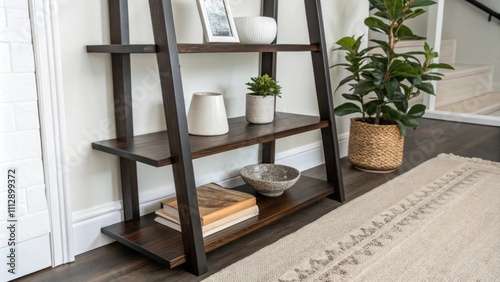 A serene interior showcasing sleek dark wooden shelves against a light backdrop highlighted by a single vibrant potted plant on the corner and a cozy neutral rug anchoring photo