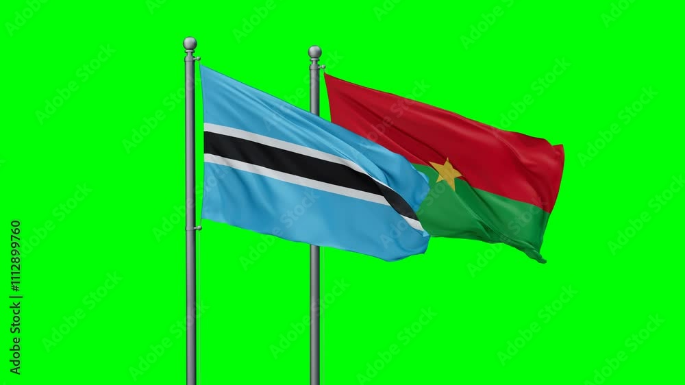 Burkina Faso and Botswana flags flying together, video concept of the relationship with colored chroma key for easy background remove Burkina Faso and Botswana flags flying together, video concept of the relationship with colored chroma key for easy background remove