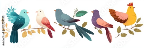 Colorful set of cartoon birds - brown sparrows, blue parakeets, white doves, yellow titmouse and grey pigeons. Feathered characters couples in different poses and leafy branches with berries.