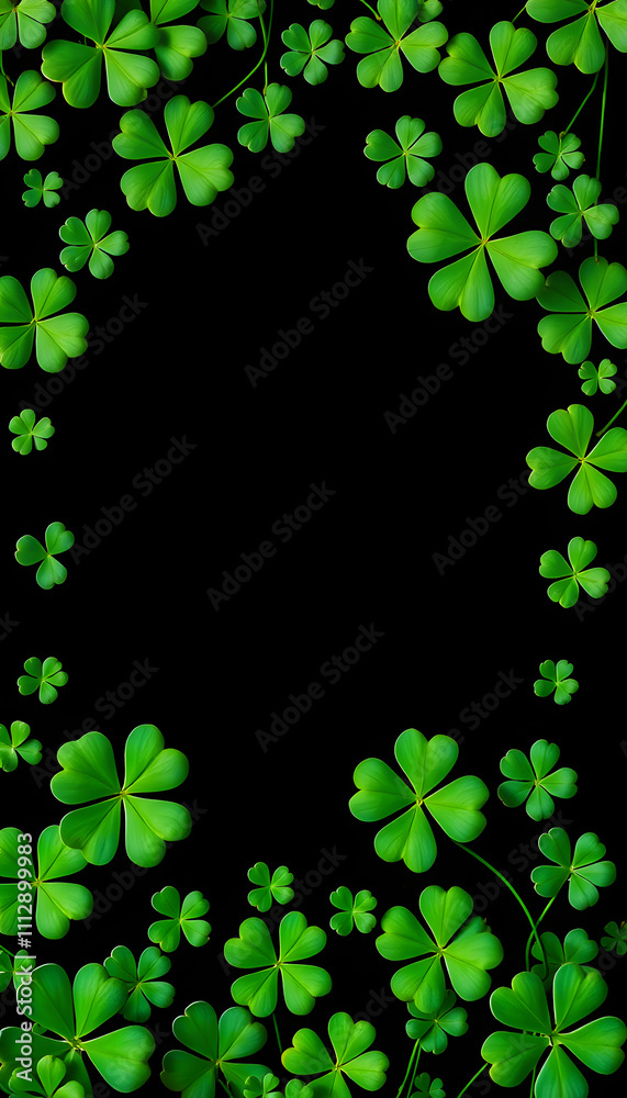 St. Patrick's Day abstract green background decorated with shamrock leaves. Patrick Day pub party celebrating. Abstract Border art design magic backdrop. Widescreen clovers on black with copy space St. Patrick's Day abstract green background decorated with shamrock leaves. Patrick Day pub party celebrating. Abstract Border art design magic backdrop. Widescreen clovers on black with copy space