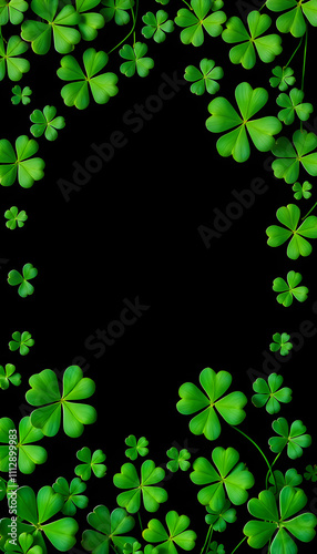 St. Patrick's Day abstract green background decorated with shamrock leaves. Patrick Day pub party celebrating. Abstract Border art design magic backdrop. Widescreen clovers on black with copy space  photo