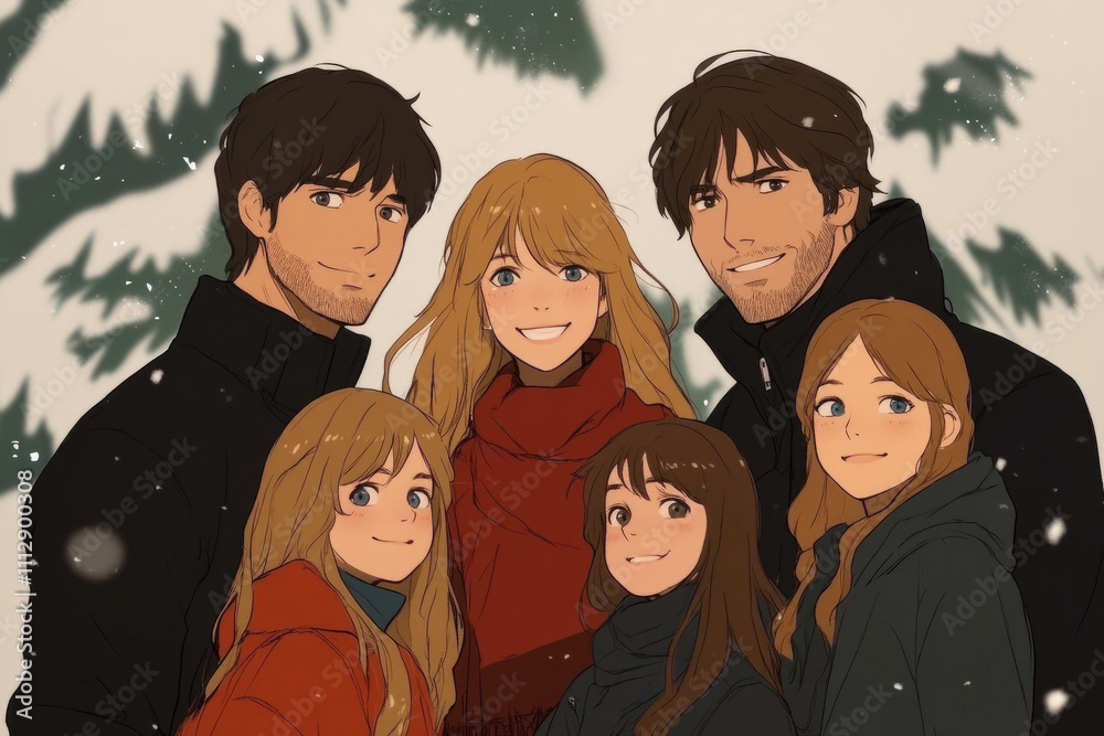 A family of five people are posing for a picture, with a man in the middle A family of five people are posing for a picture, with a man in the middle