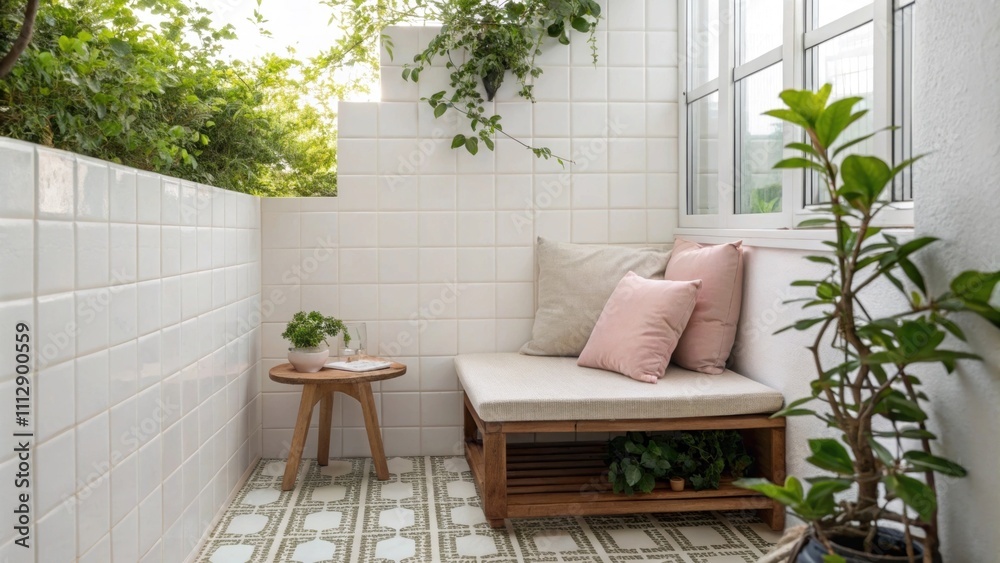 Fototapeta premium A bright outdoor nook with clean glossy tiles a subtlecolored cushion perched on a tiny wooden table and surrounding greenery bringing life to the serene environment.