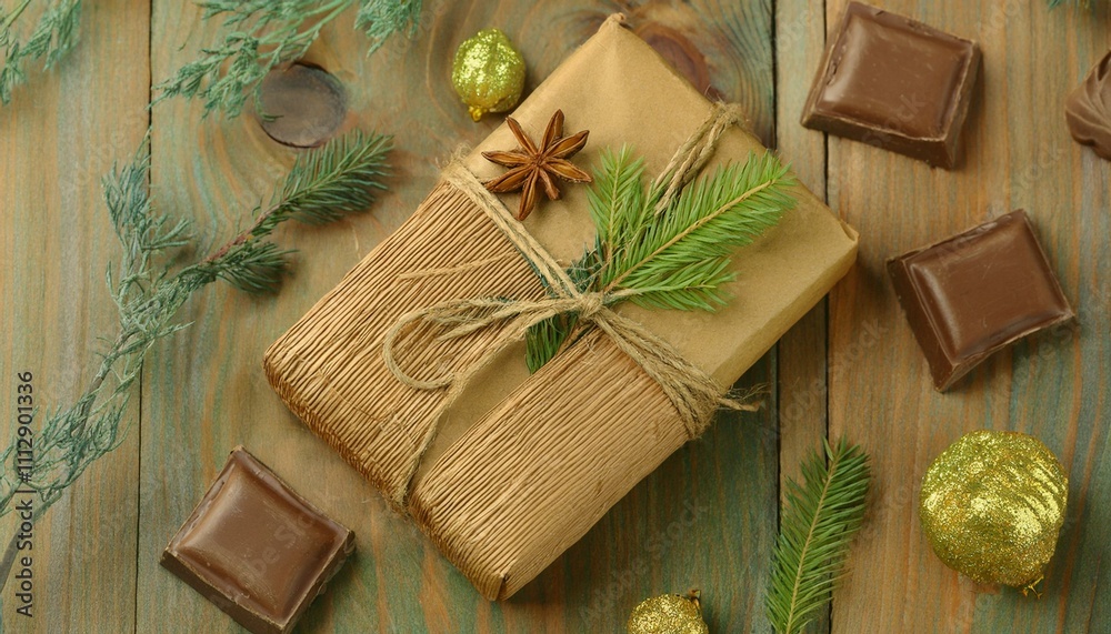 Obraz premium 옛날 복고풍 포장지로 감싸인 초콜릿 바와 주변 소품들