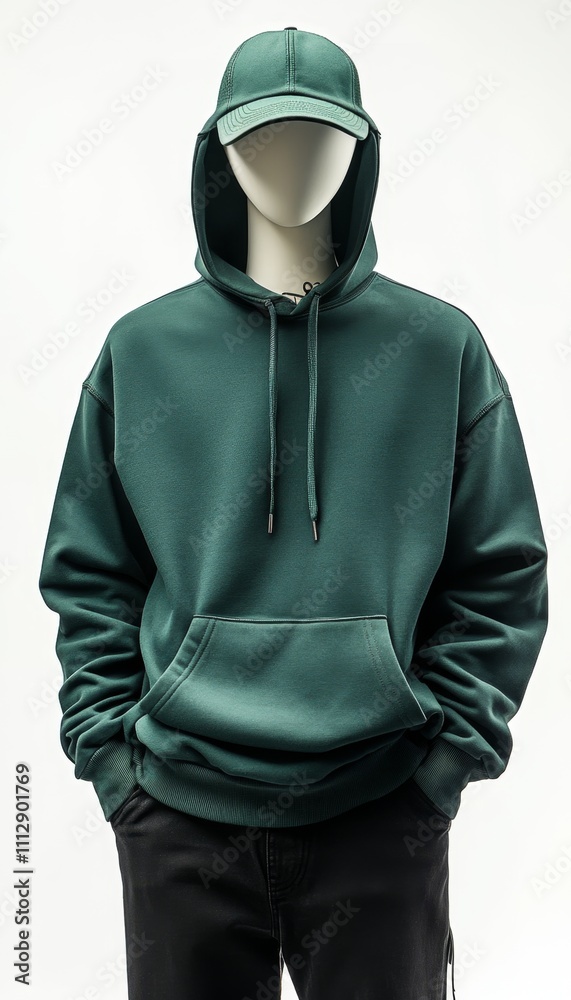 Deep Teal Hooded Sweatshirt with Matching Cap Displayed on Mannequin Deep Teal Hooded Sweatshirt with Matching Cap Displayed on Mannequin