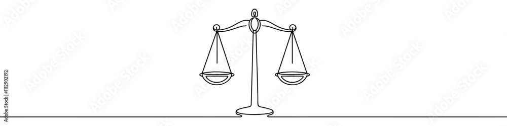 Minimalist illustration of a weight scale made of one continuous line, symbolizing law, justice, and balance Minimalist illustration of a weight scale made of one continuous line, symbolizing law, justice, and balance