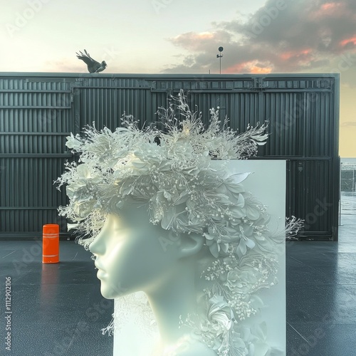 Elegant White Headpiece Displayed Against Industrial Fence photo