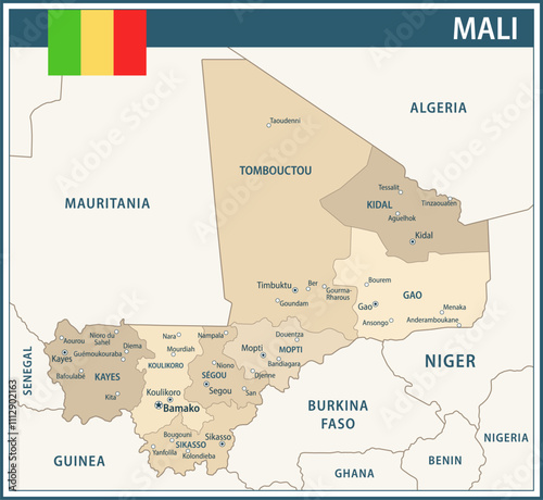 Mali Map Vector Vintage Dark Blue Beige - Customizable layered political map of Mali with administrative divisions for website, education, reports, news, politics, print, poster and wallpaper