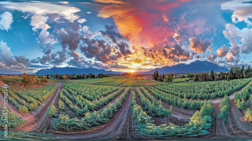 Majestic Sunset Over Lush Vineyard Panorama