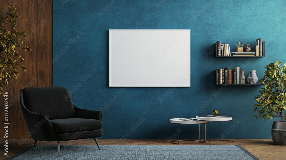 Fototapeta premium A sleek coffee table sits at the center, adding functionality and style to the space. The room’s backdrop is accented with a vibrant blue and yellow wall, creating a contemporary, energetic atmospher