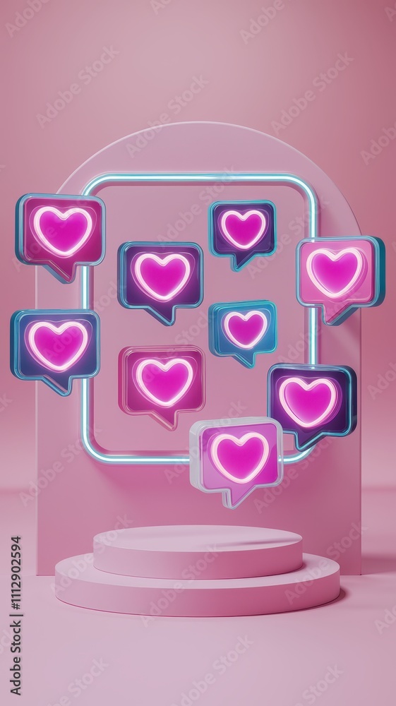 Obraz premium Purple Speech Bubble with Smaller Pink Heart Emojis in Futuristic Art