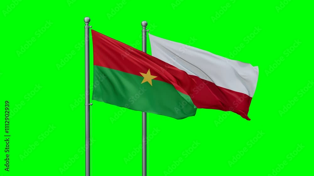 Poland and Burkina Faso flags flying together, video concept of the relationship with colored chroma key for easy background remove, two country cooperation concept Poland and Burkina Faso flags flying together, video concept of the relationship with colored chroma key for easy background remove, two country cooperation concept