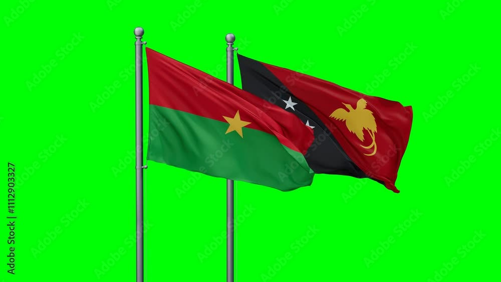 Papua New Guinea and Burkina Faso flags flying together, video concept of the relationship with colored chroma key for easy background remove Papua New Guinea and Burkina Faso flags flying together, video concept of the relationship with colored chroma key for easy background remove